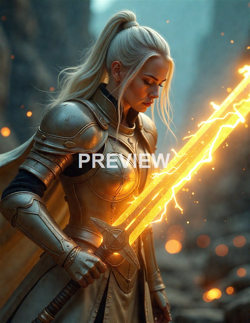 A female warrior with long, flowing blonde hair wearing metallic armor, holding a glowing, lightning-infused sword in a battle-ready stance amidst a smoky, fiery background.